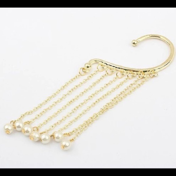 Bohemian Pearl Ear Cuff Gold Earrings with Chain Cluster - Picture 1 of 2